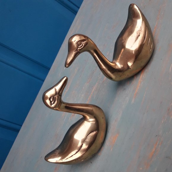 Brass Ducks Geese Set of 2 Vintage Figurine Birds Animals MCM Mid Century Gold - Picture 7 of 16